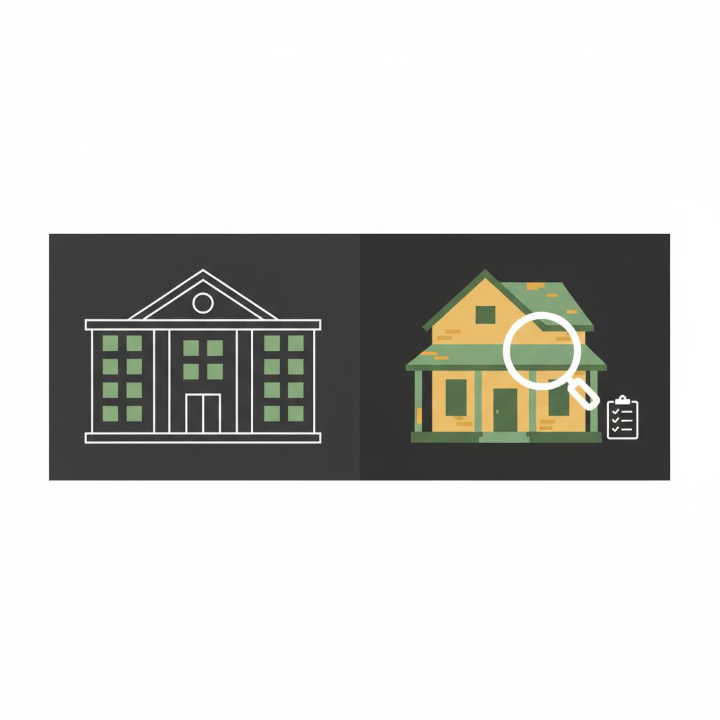 Split vector image of a city tax assessor building and an older rental house under inspection with magnifying glass and checklist icons how can i buy a rental property