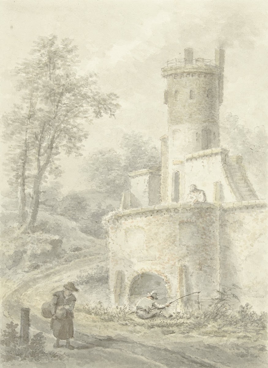 Landschap met hengelaar en wandelende vrouw bij een vestingtoren 1838