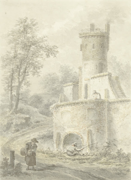 Landschap met hengelaar en wandelende vrouw bij een vestingtoren 1838