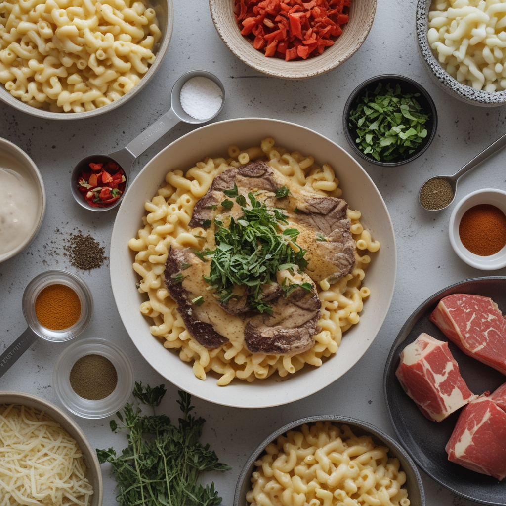 Ingredients for High-Protein Creamy Philly Cheesesteak Mac & Cheese Bliss – Easy Comfort Meal