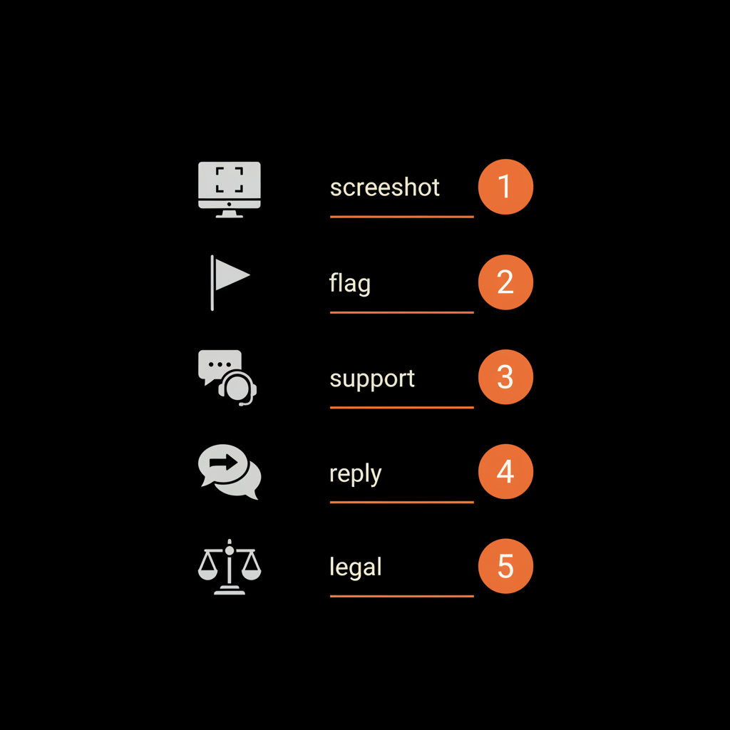 Minimal full-frame infographic checklist illustrating Google review removal time: screenshot, flag, support chat, public reply, legal steps in Social Success Hub brand colors.
