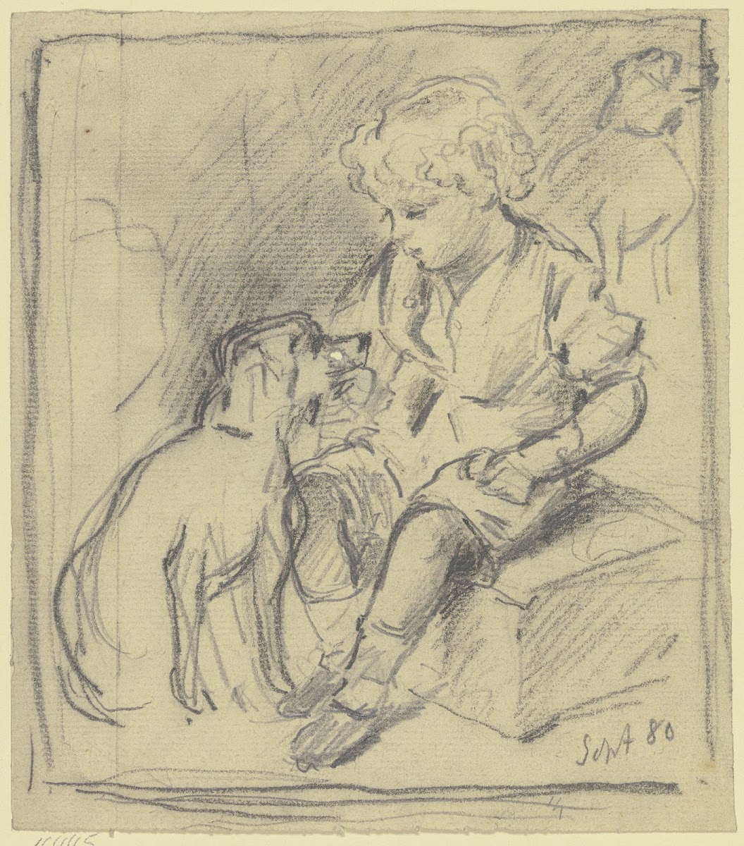 Sitzender Knabe mit sitzendem Hund 1880