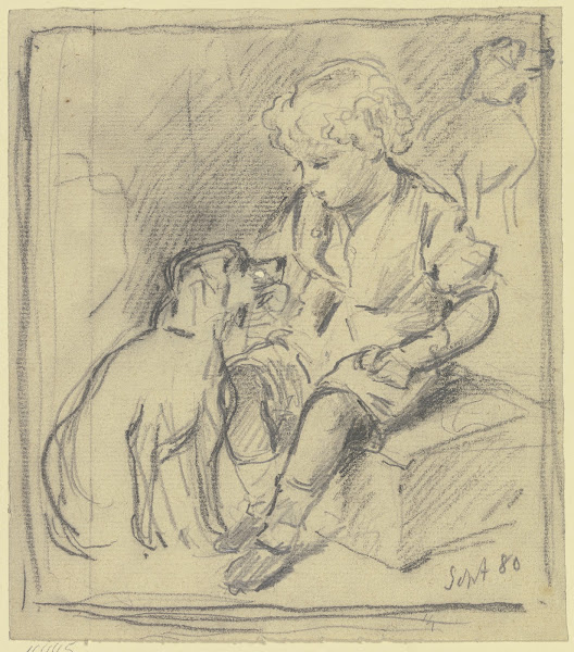 Sitzender Knabe mit sitzendem Hund 1880