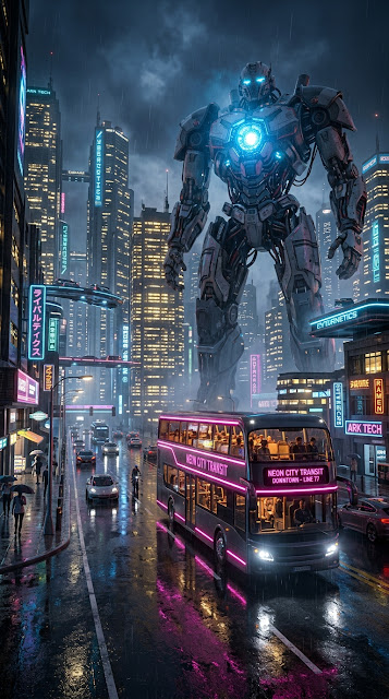 Futuristic Cityscape with a Colossal Bio-Mechanical Robot and Double-Decker Bus - Free mobile Wallpaper