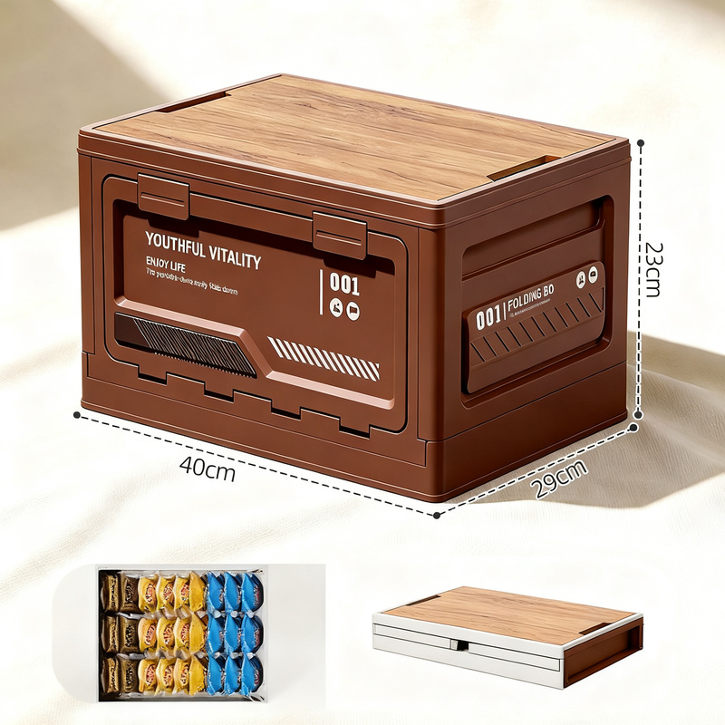 Foldable camping box with wooden lid, 40–50 L