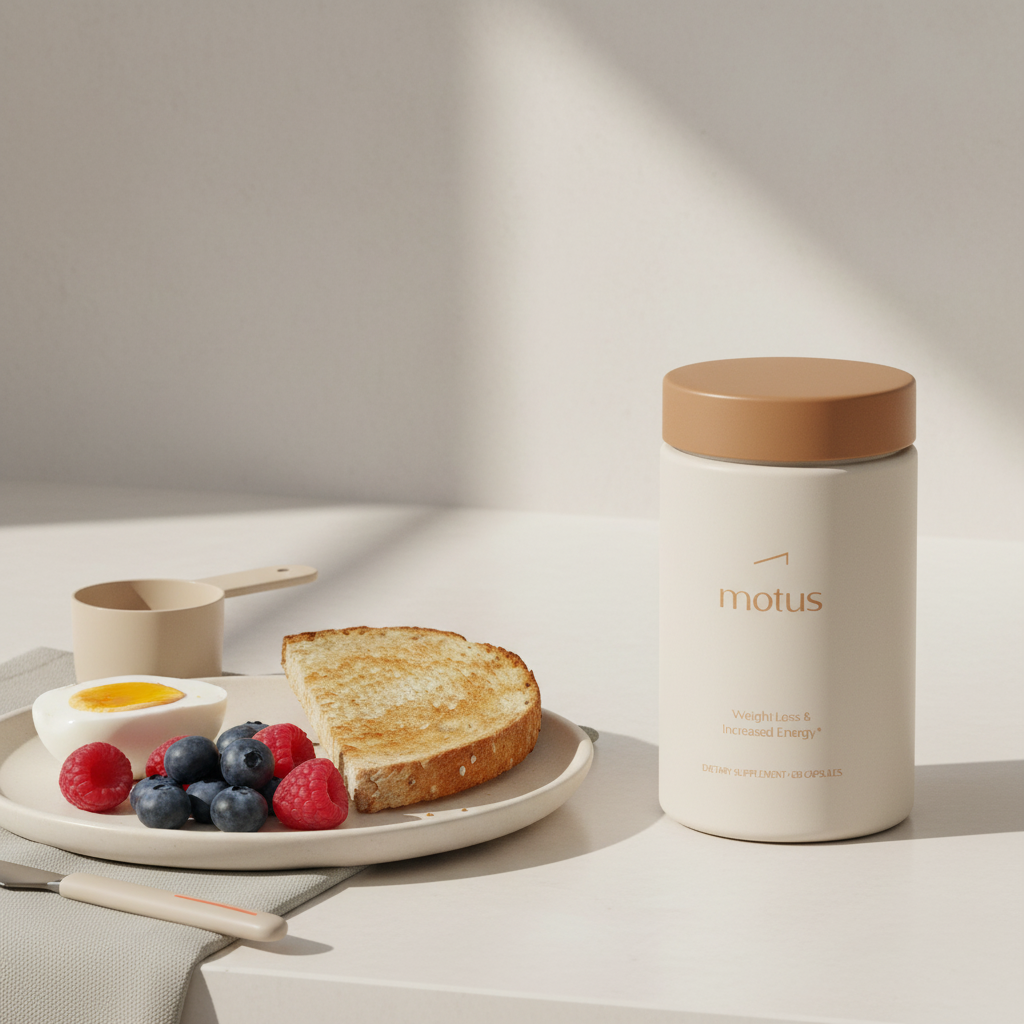 Are Herbalife products healthy - close-up of Tonum Motus supplement bottle on kitchen counter beside a measured scoop and plate with egg, berries and whole-grain toast, minimalist wellness scene