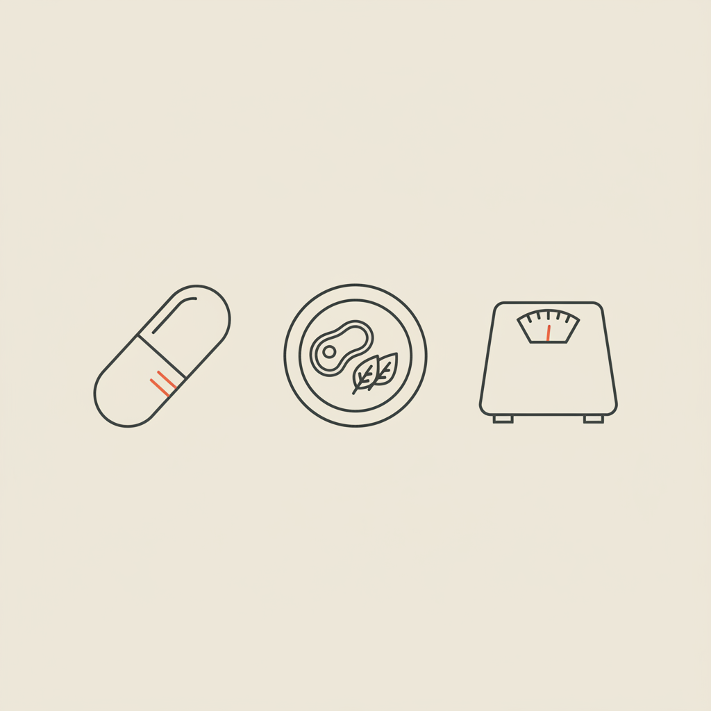 Minimal Tonum-style line illustration of a capsule, plate with protein and greens, and a simple scale representing how much weight can I lose on CLA