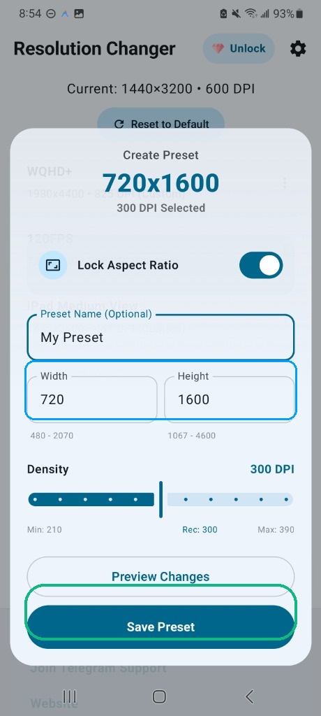 Create Preset Window in Resolution Changer