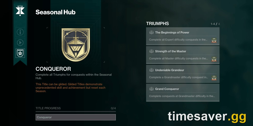 Destiny 2 Conqueror seal Triumphs screen in the Seasonal Hub showing The Beginnings of Power, Strength of the Master, Undeniable Grandeur and Grand Conqueror