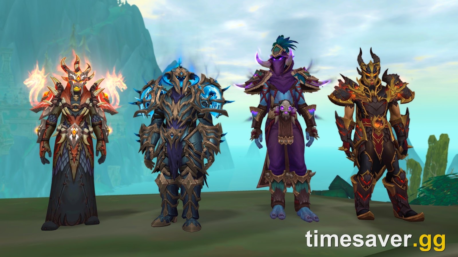 Four WoW Midnight classes wearing Season 2 Venomous PvP Elite armour sets