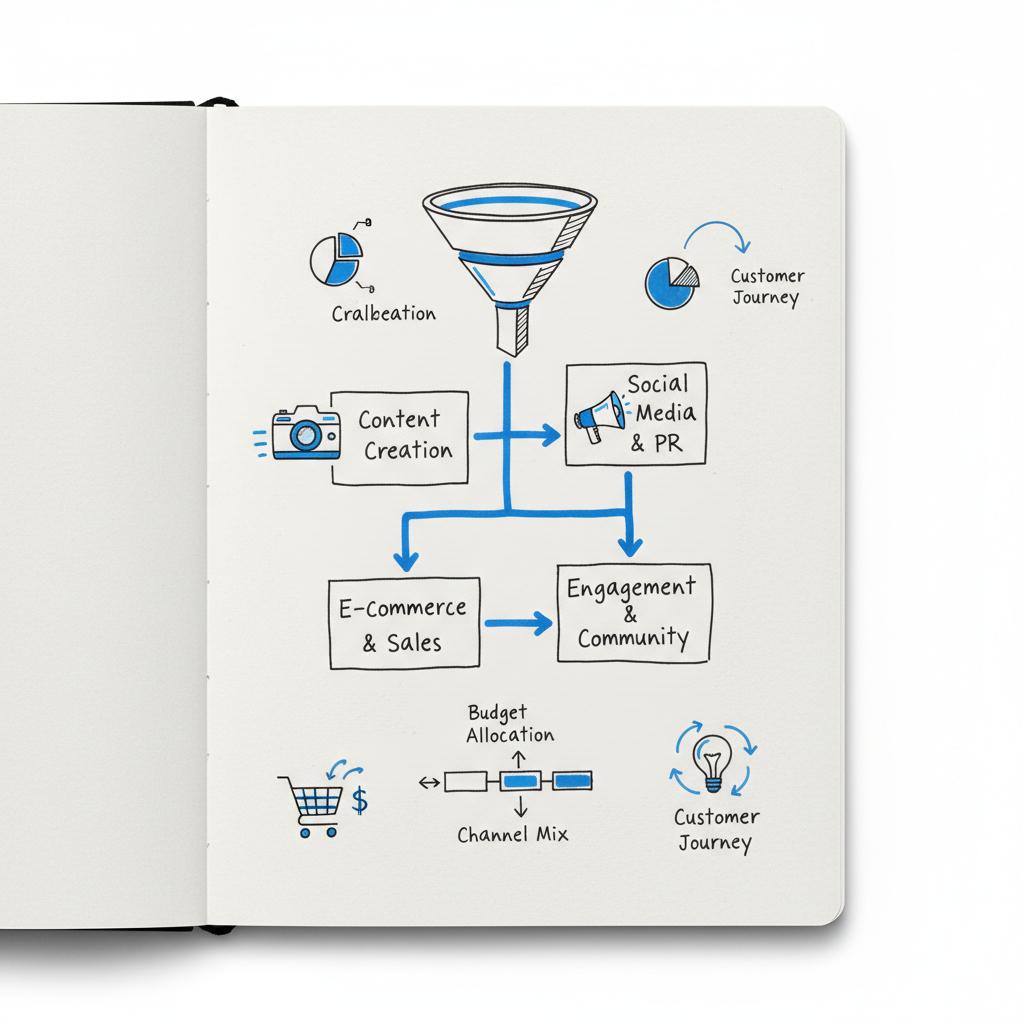 Close-up sketchbook page showing a minimalist Instagram funnel with Reels, Stories, Feed and Shopping sections, minimalist camera/tag/shopping-bag icons and blue accents &mdash; benefits of Instagram ads