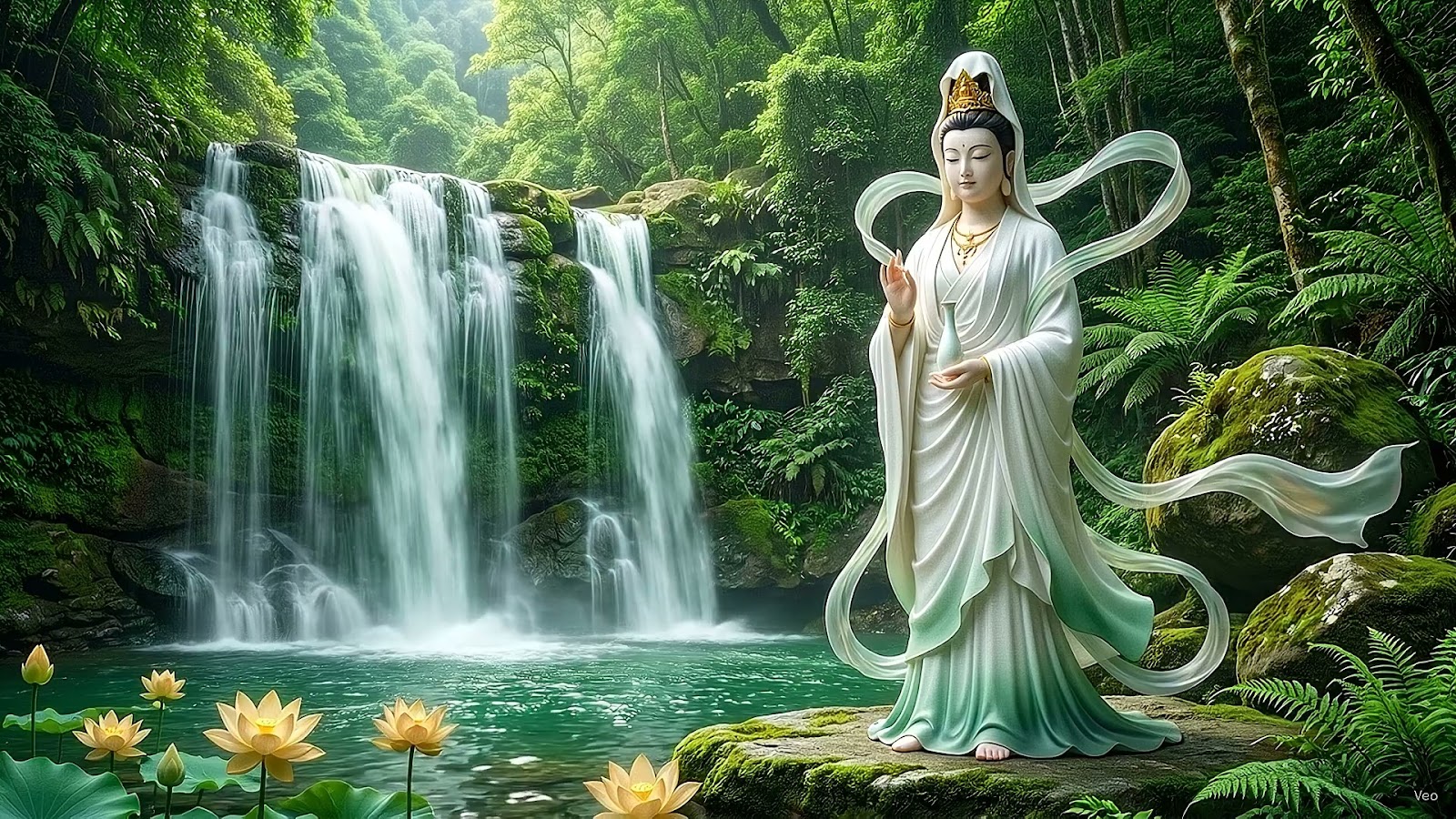 Thác Nước Đổ Vào Hồ Ngọc Bích — Waterfall Cascades Into Turquoise Pool