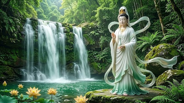 Thác Nước Đổ Vào Hồ Ngọc Bích — Waterfall Cascades Into Turquoise Pool