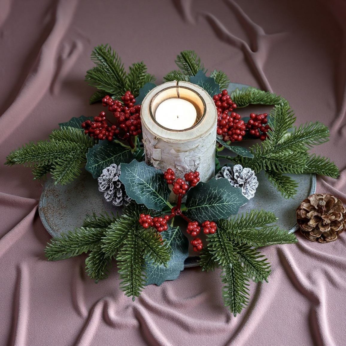 Christmas table wreath with pine cones and berries