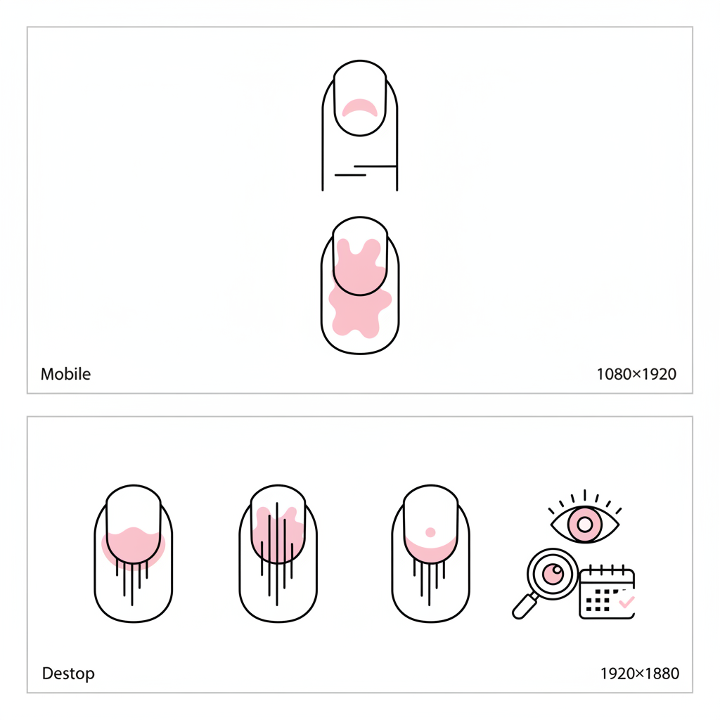 Minimalistische Vektor-Infografik zu Nägel bei Herzerkrankungen mit Icons für Clubbing, Zyanose, Splinter‑Hämatom und Beobachtungstipps in NailX-Farben.