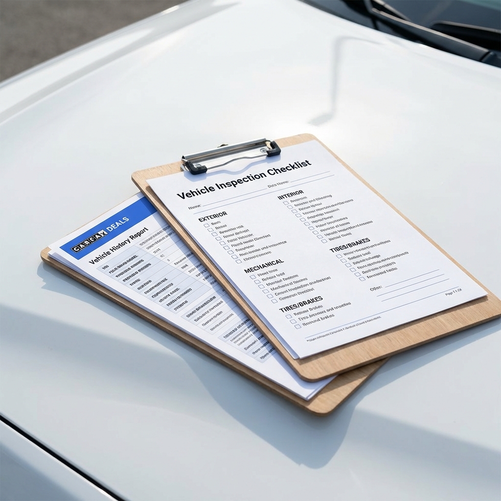 Close up of a clipboard with vehicle inspection checklist and vehicle history report on a clean white car hood showing CarFax Deals blue accent in header most accurate car value site
