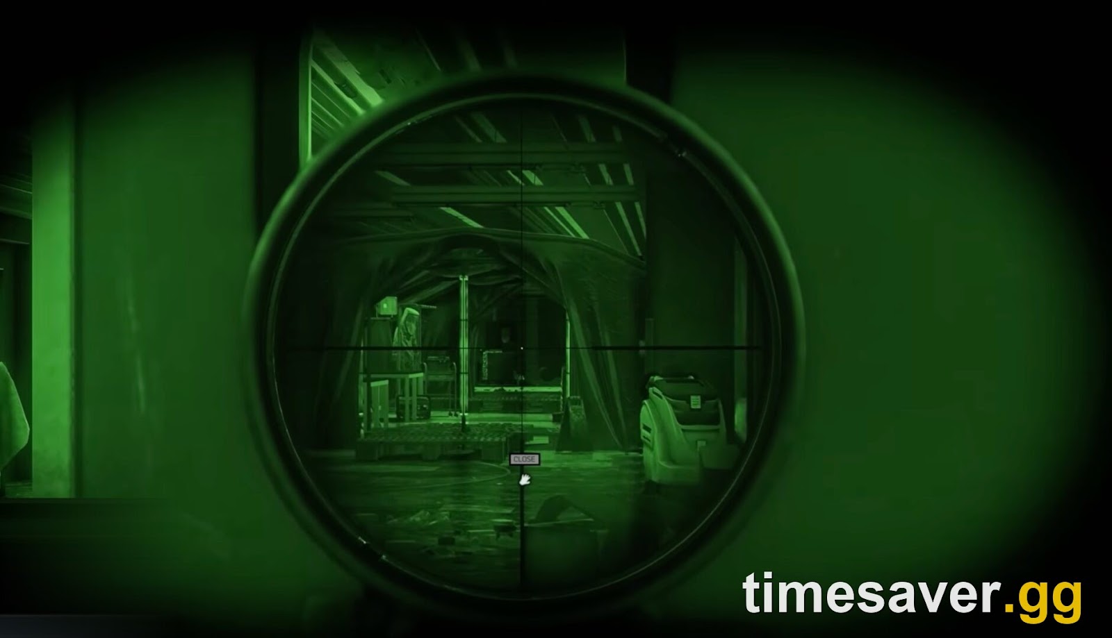 Night-vision scope view down a dark corridor inside The Lab during the Blackout event — visibility is near-zero once the power cuts