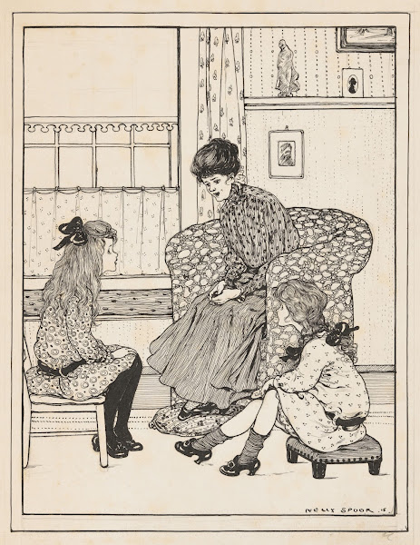 Vrouw en twee meisjes in een interieur 1916