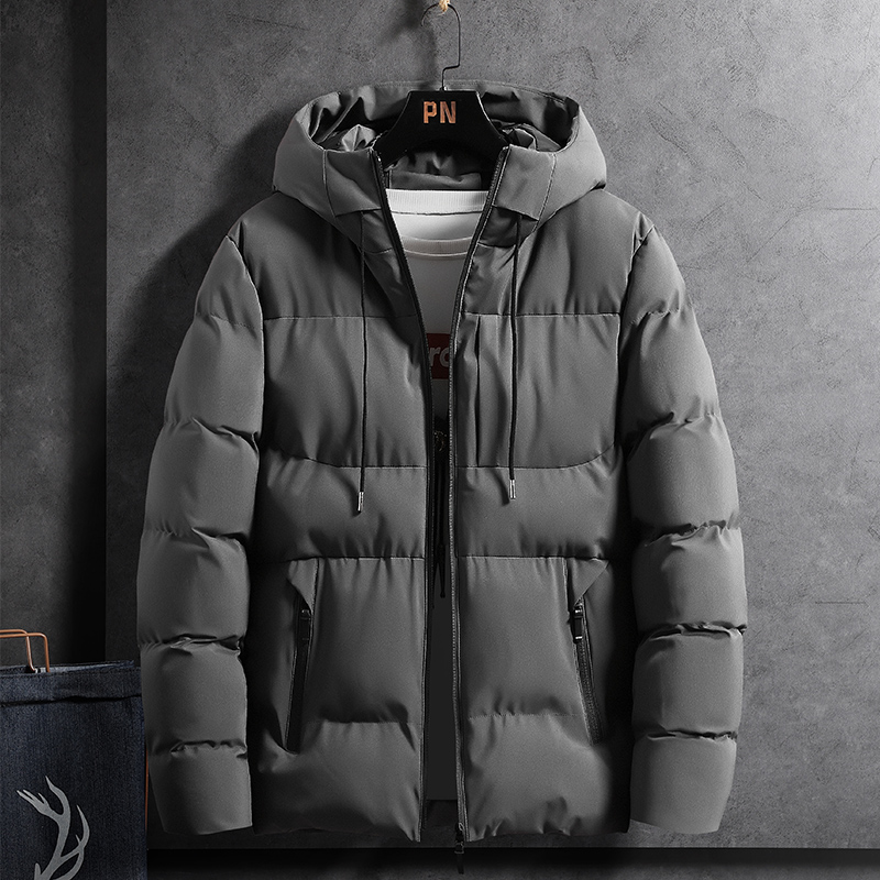 Padded men's winter jacket with hood, solid color