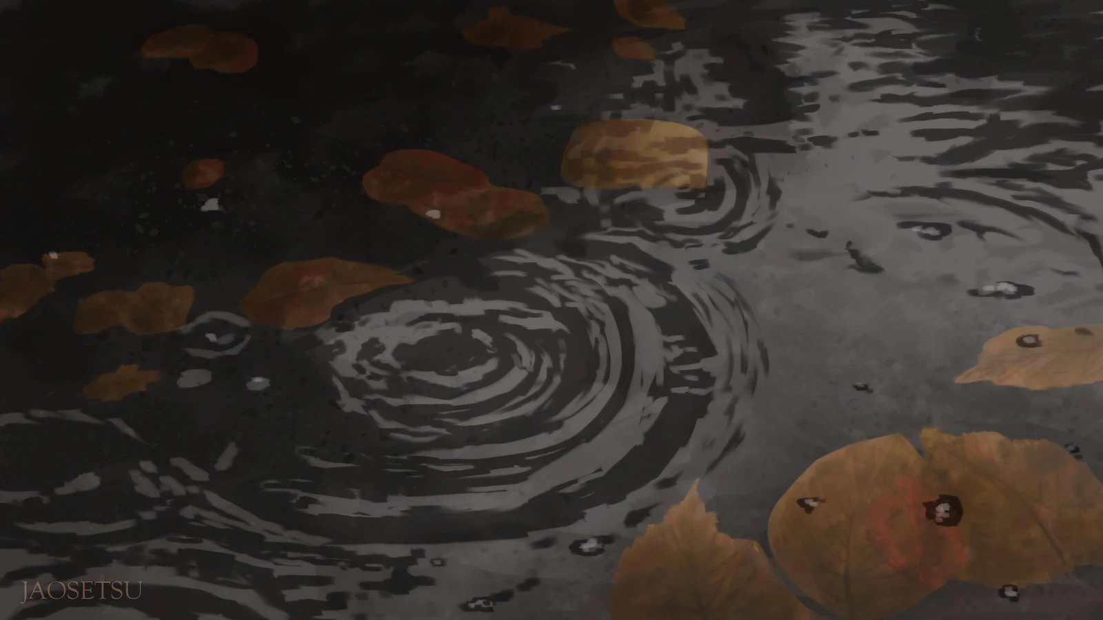 Rain Ripples in Autumn Puddle - Digital Anime Illustration 4K Wallpaper (3840x2160)