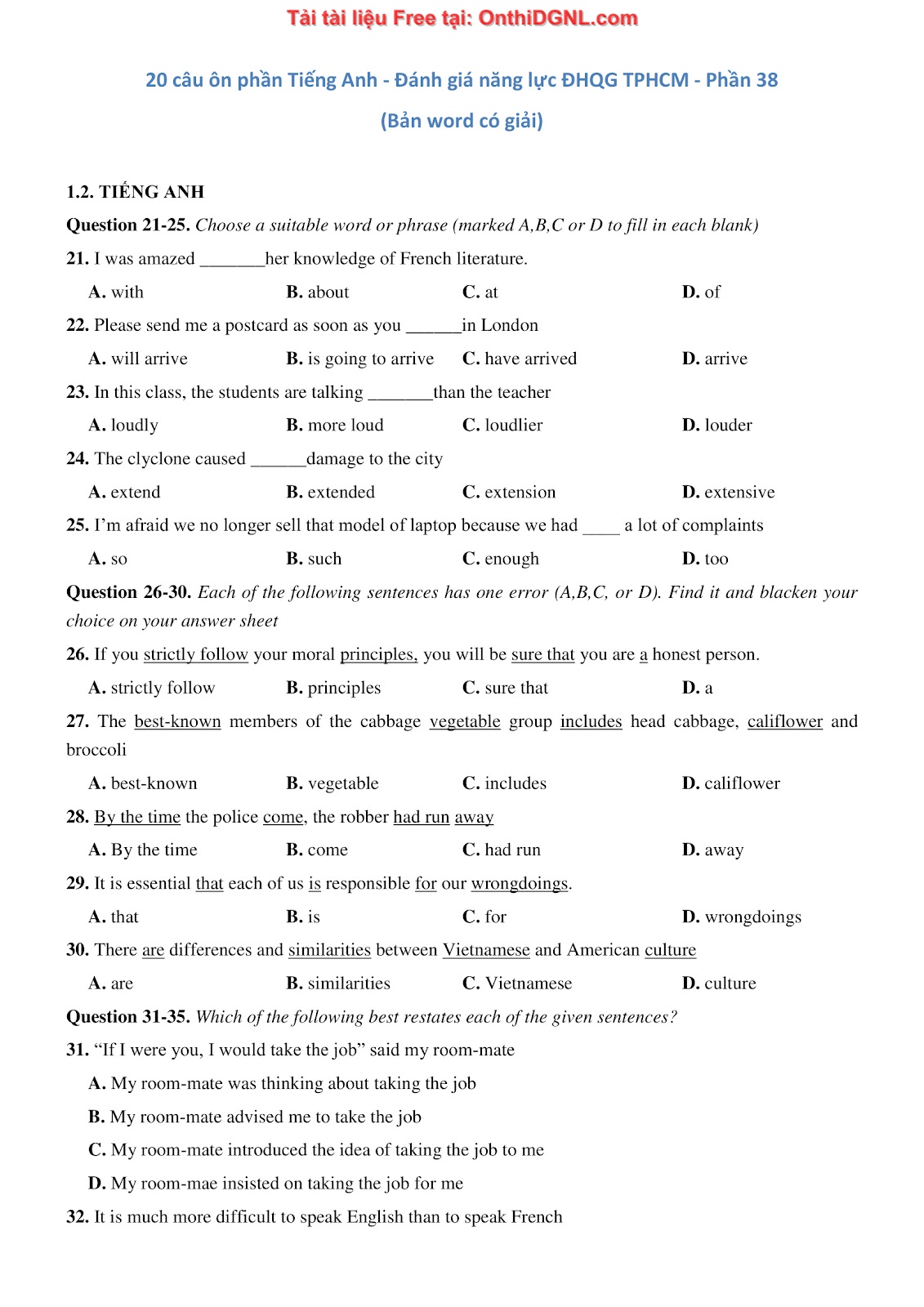 800 bài tập môn Tiếng Anh - Ôn thi ĐGNL ĐHQG TP HCM Phần 38