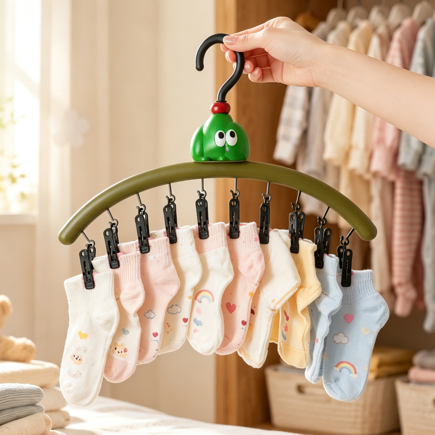 Cartoon drying rack with clips, multiple positions