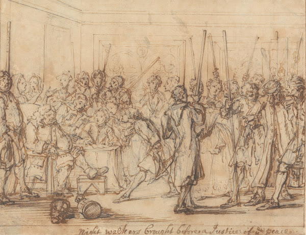 Night Walkers Brought before a Justice of the Peace ca 1740