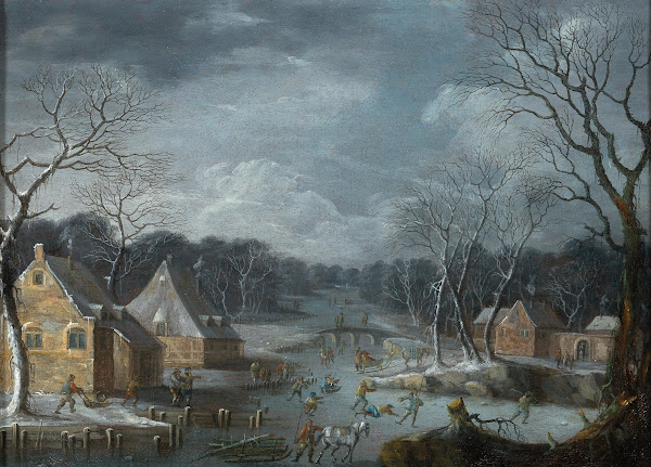 A winter landscape with skaters on the ice