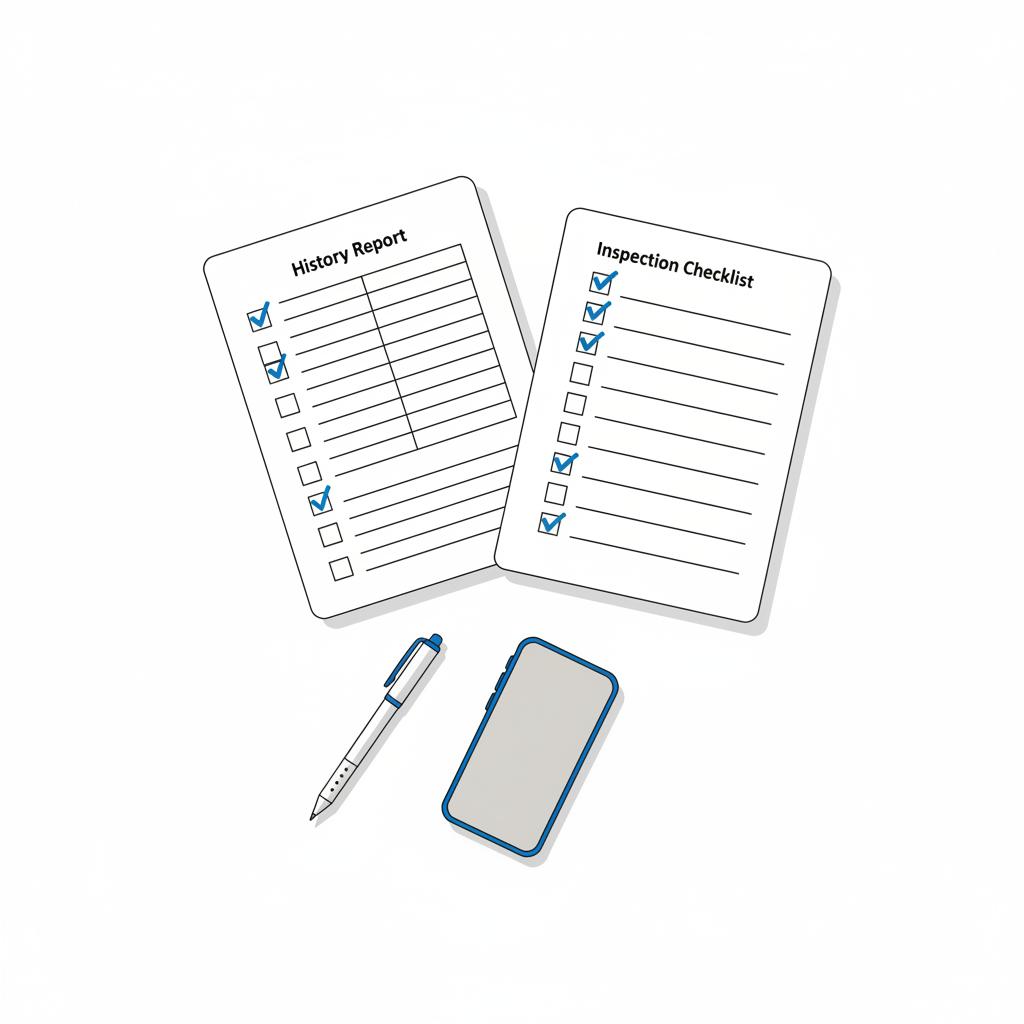 Minimalist 2D vector close up of vehicle history report and inspection checklist on white table with pen and smartphone accents in blue tacoma trucks for sale