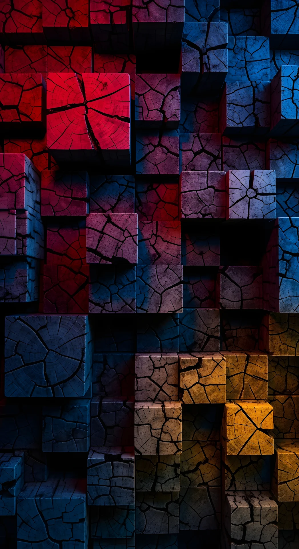 Cracked Wood Cubes Texture with Neon Lighting - Free 4K mobile Wallpaper