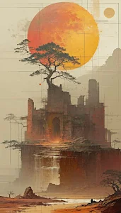Monumental Desert Ruins with Giant Orange Sun and Bonsai Tree