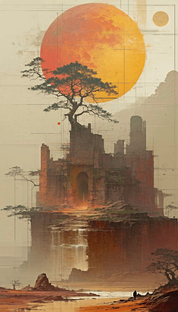 Monumental Desert Ruins with Giant Orange Sun and Bonsai Tree - Free mobile Wallpaper