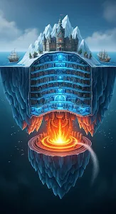 Cross-Section Illustration of a Floating Iceberg City and Underground Core