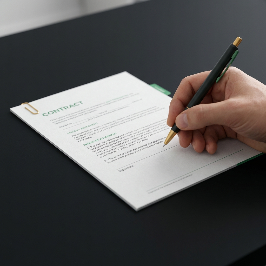 Close up of a contract being reviewed with a pen and hand in a professional minimal office setting with brand accents how do you start a hedge fund