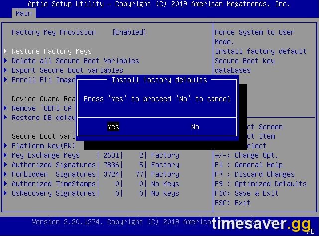 BIOS Secure Boot key management screen with the Install Factory Default keys prompt used to re-enroll Secure Boot keys