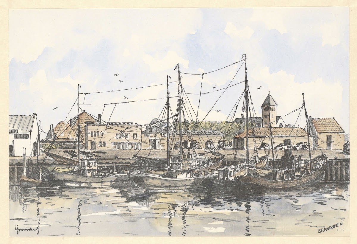 De haven van IJmuiden met rechts op de achtergrond het Ned Herv kerkje de in 188