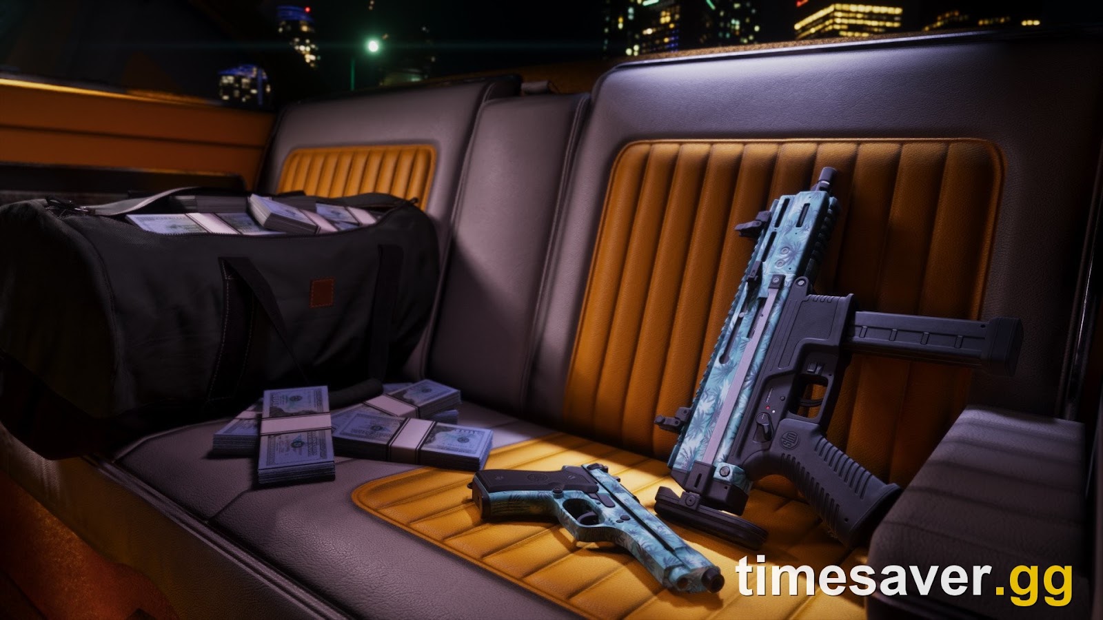 GTA 6 Vintage Vice City Pack — guns wearing the Tommy Vercetti tropical palm-tree weapon pattern beside a cash duffel