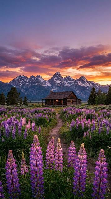 Rustic Cabin in a Purple Lupine Meadow Beneath Snowy Peaks - Free mobile Wallpaper