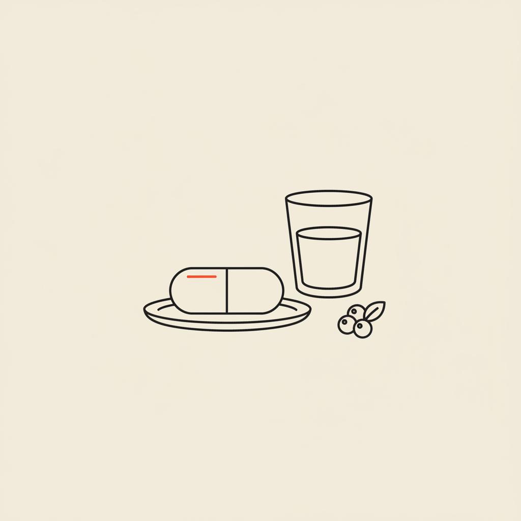Minimalist line illustration of a chromium picolinate capsule on a small plate with a stylized water glass and a berry on a beige background, consistent with Tonum branding.
