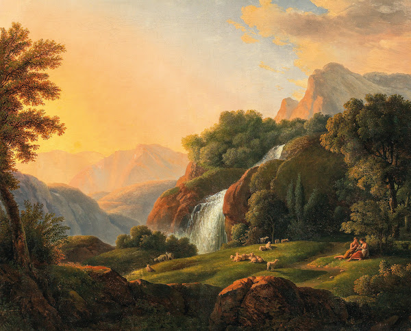 Landschaft mit Wasserfall und Hirten 1811