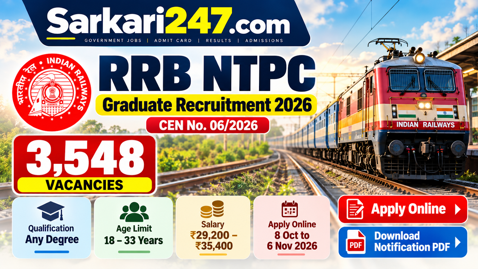 RRB NTPC Graduate Recruitment 2026 with 3,548 vacancies — Sarkari247