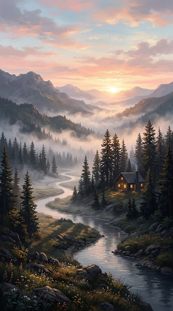 Misty Morning Valley Landscape with Lone Cabin and Pine Trees - Free mobile Wallpaper
