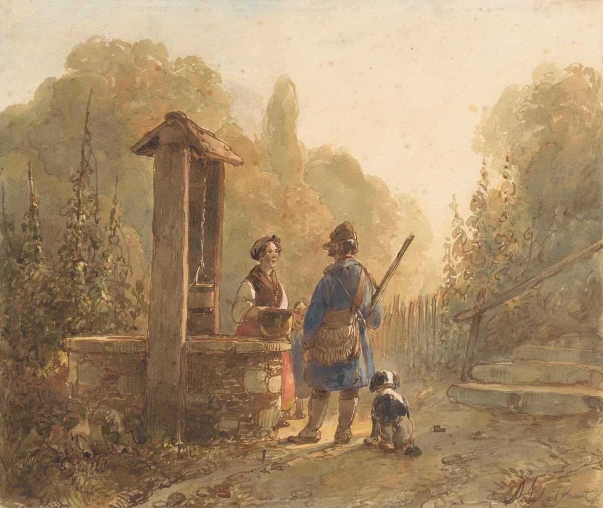 Jager in gesprek met een boerin bij een waterput naast hem een hond 1797   1870