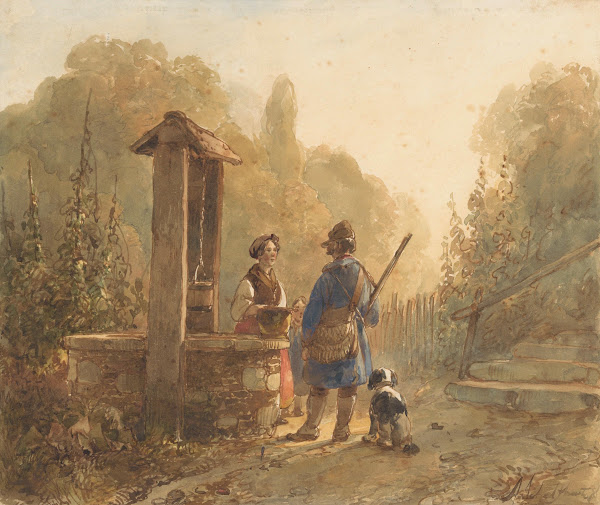 Jager in gesprek met een boerin bij een waterput naast hem een hond 1797   1870