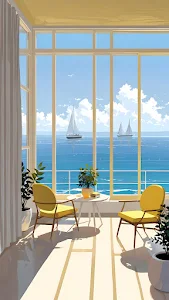 Sunny Ocean View Sunroom with Yellow Chairs and Sailboats