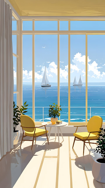 Sunny Ocean View Sunroom with Yellow Chairs and Sailboats - Free mobile Wallpaper