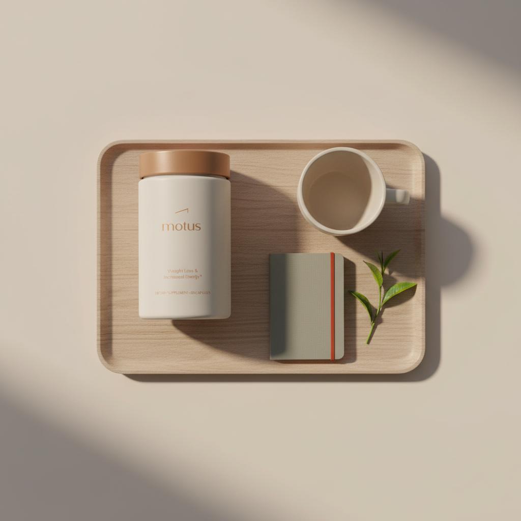 Motus container on wooden tray with lab notebook, coffee cup and green tea sprig on soft beige background — best natural fat burning supplement