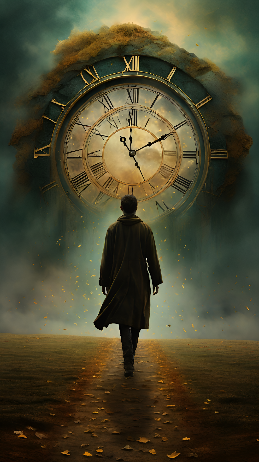 Man Walking Towards Giant Antique Clock Face Time Concept - Free 4K mobile Wallpaper