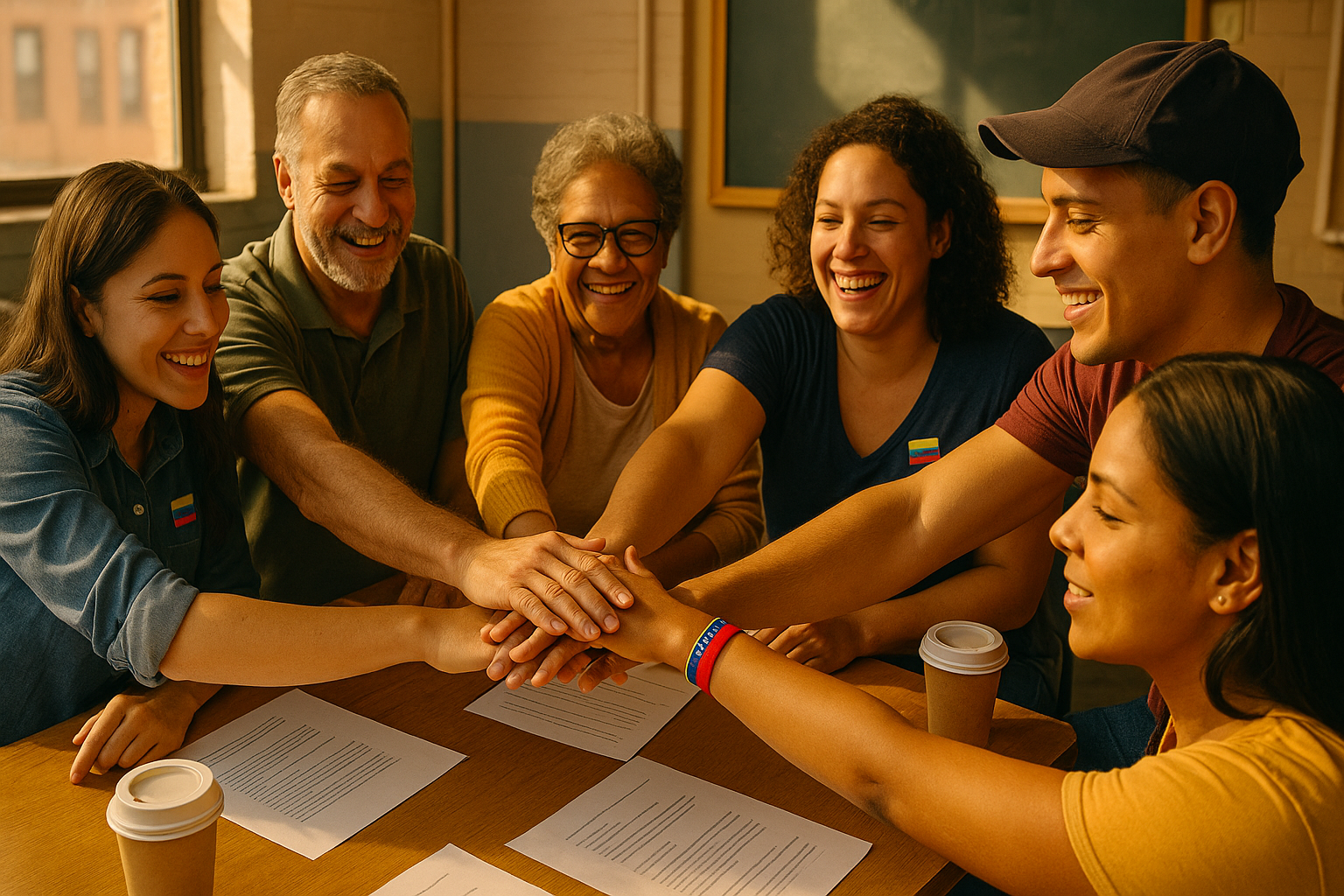 Venezolanos en un centro comunitario organizando una cooperativa barrial con energía positiva