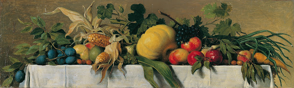 Stillleben mit Obst und Gemüse auf weißem Tischtuch 1830 1840